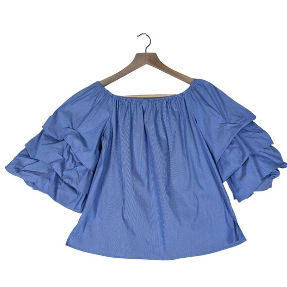 Zara Woman XS Blue Off Shoulder Ruffle Sleeve Blouse Romantic Resortwear - Picture 2 of 7